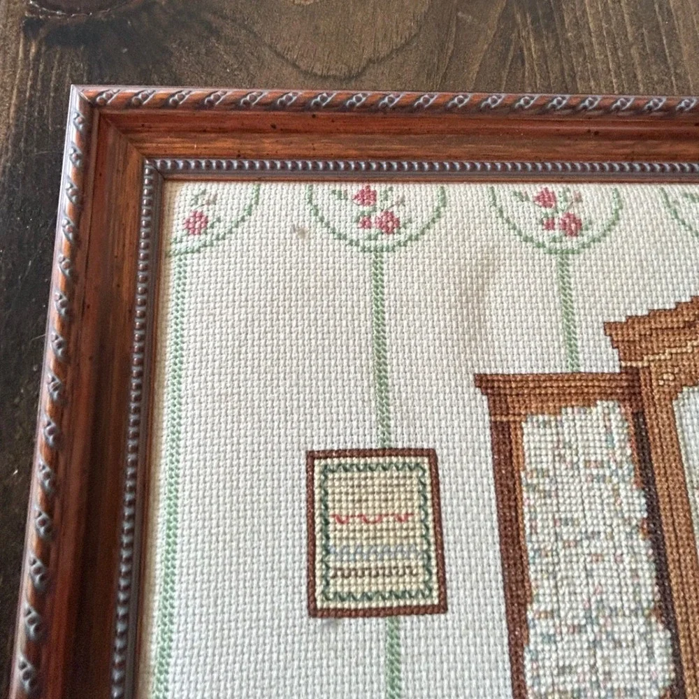 Vintage 90s Cross Stitch Wall Art Framed Victorian Bridal Wedding Cottagecore